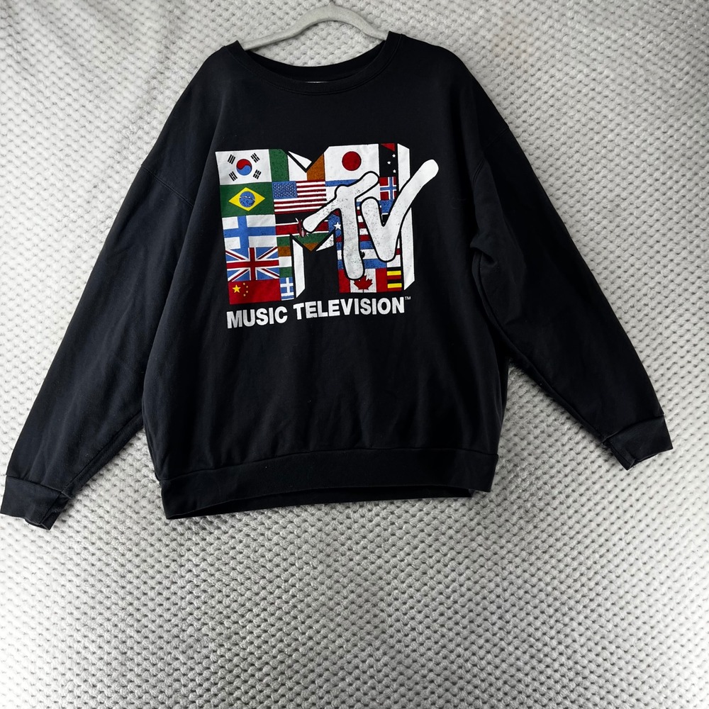 MTV Music Television‎ 90s Flags Graphic Sweatshirt Pullover Crew Neck Black XL